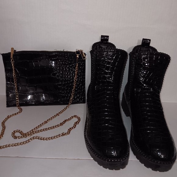 NO DOUBT PATENT LEATHER CROC PRINT BOOTS & HANDBAG - Picture 1 of 12